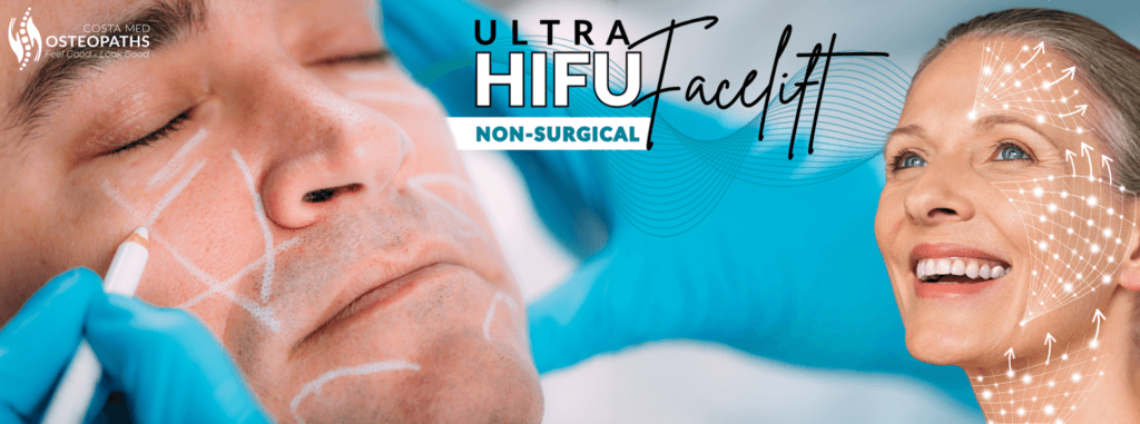 Smiling woman with lifted features and a man receiving face-mapping before a HIFU treatment