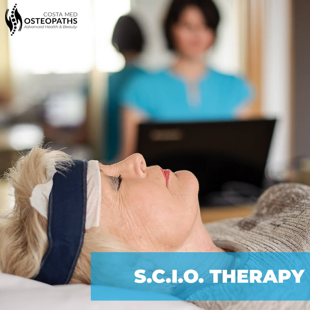 Woman lying peacefully with SCIO headband during biofeedback therapy session at Costa Med Osteopaths