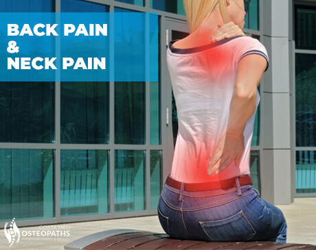 Woman experiencing back and neck pain with red areas, representing musculoskeletal tension