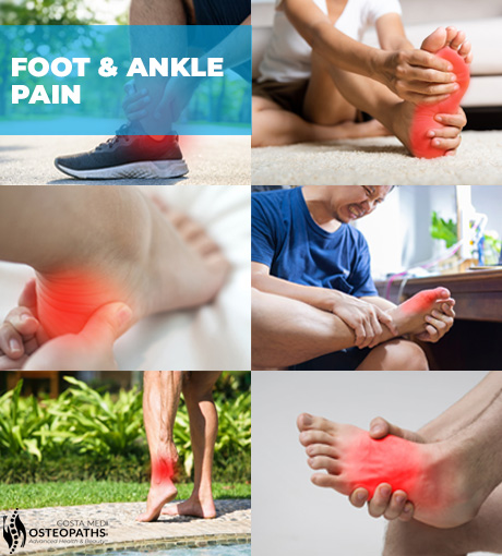 Collage showing people experiencing foot and ankle pain with red areas, indicating inflammation