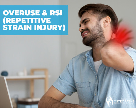 Man holding the side of his neck in pain while sitting at a desk, showing signs of RSI
