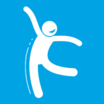 Icon of a smiling person stretching with ease, on a bright blue background.