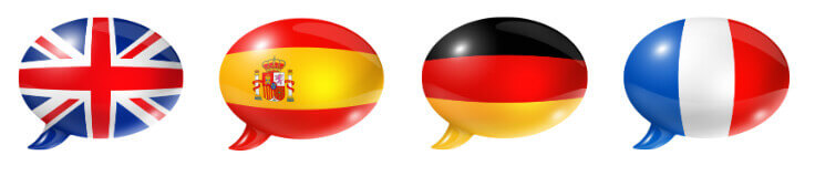 Flags of the UK, Spain, Germany and France representing languages spoken at Costa Med Osteopaths