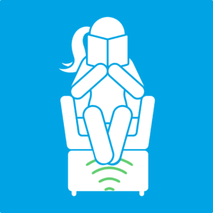 Illustration of a woman sitting on a pelvic floor therapy chair, reading a book.