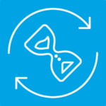 White line icon of hourglass surrounded by two curved arrows, symbolising long-lasting results
