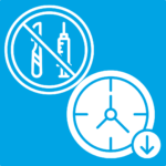 White line icon of a crossed-out scalpel and syringe above a clock with a downward arrow