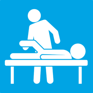 Illustration of an osteopath performing hands-on treatment on a patient lying on a treatment table.