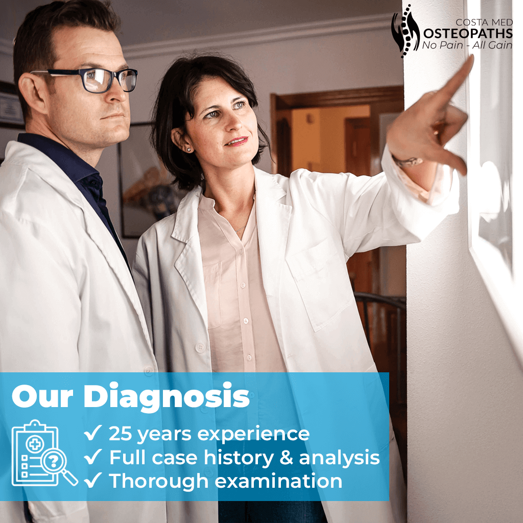 Osteopaths examining diagnostic images at Costa Med Osteopaths