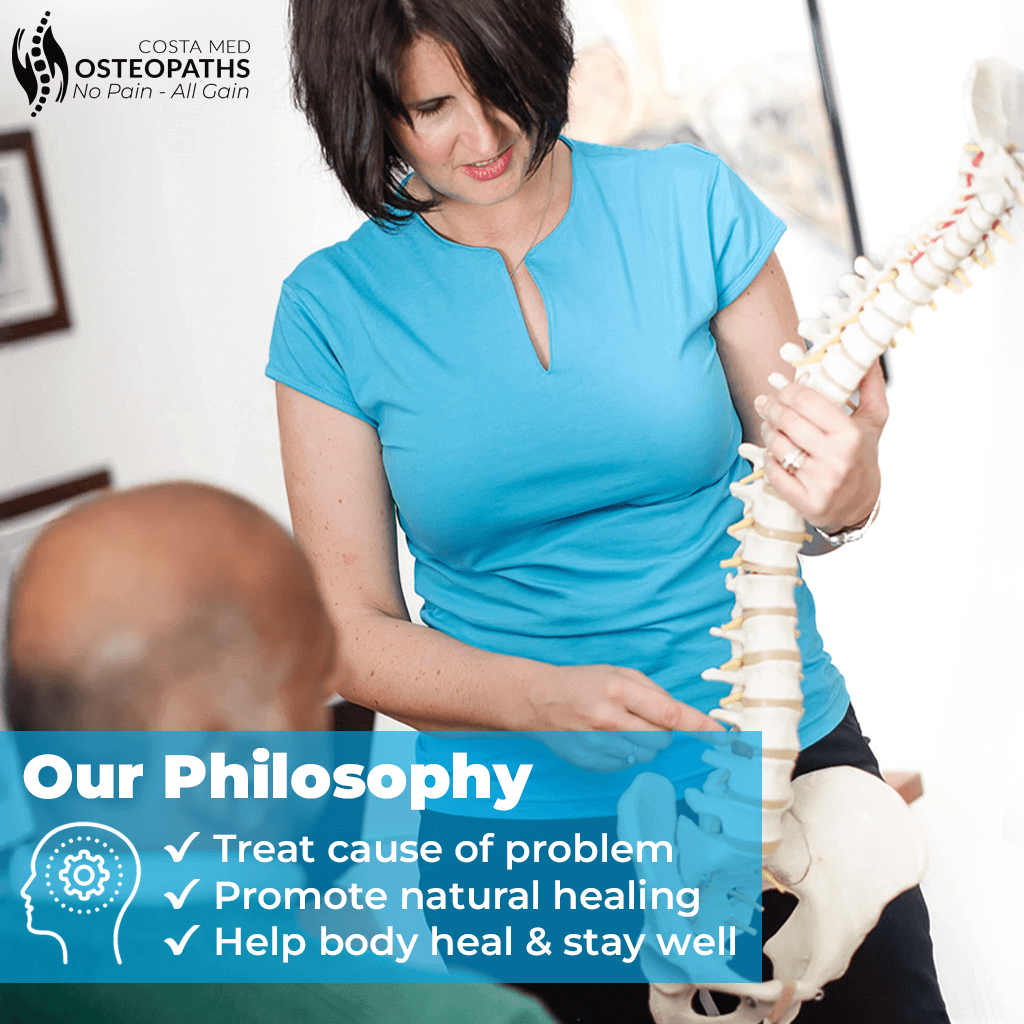 Osteopath explaining spinal alignment and healing philosophy at Costa Med Osteopaths