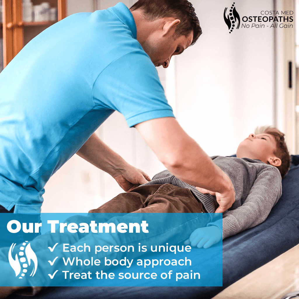 Osteopath treating child using gentle hands-on approach at Costa Med Osteopaths.