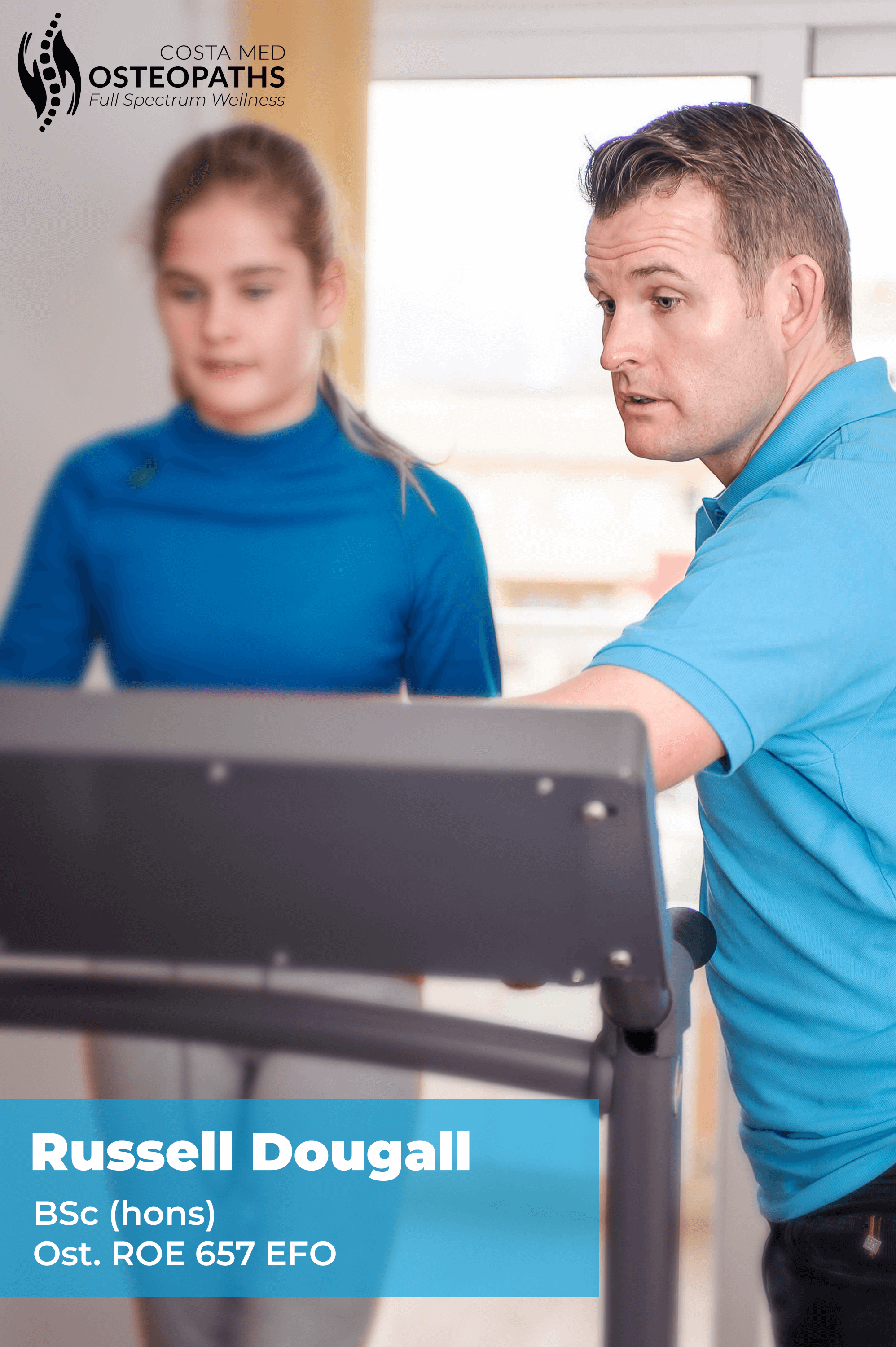 Osteopath guiding a young patient on a treadmill during a personalised rehab session