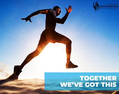 Man running powerfully on sand at sunset with the Costa Med Osteopaths logo