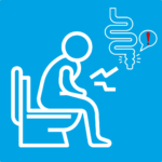 White icon of a person sitting on a toilet with abdominal pain representing pelvic floor dysfunction
