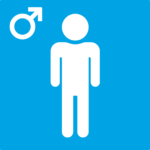 Blue icon showing a male figure symbol, representing men’s pelvic health.