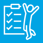 White icon of a happy figure next to a checklist symbolising successful pelvic floor therapy
