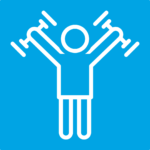 White icon of a person lifting dumbbells overhead representing strength and muscle health