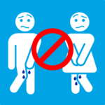 Icon of a man and woman with sad expressions and urine leakage symbols with a red prohibition sign
