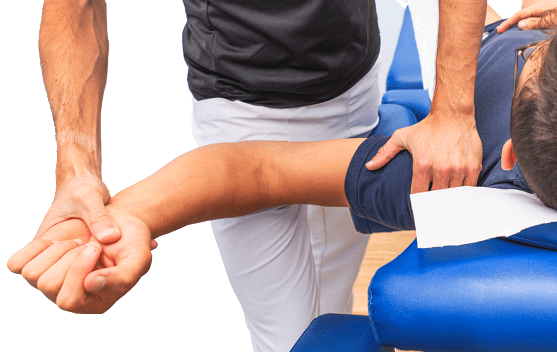 Osteopath performing shoulder mobilization on a patient during post-surgical rehabilitation