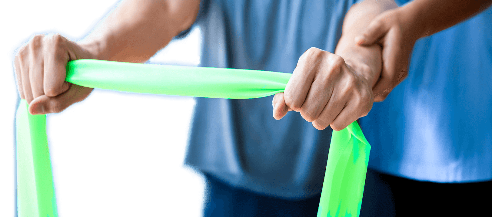 Close-up of hands using a bright green resistance band during guided exercise therapy