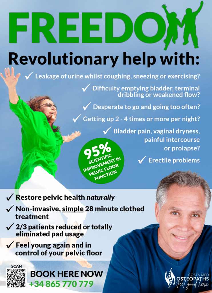 Promotional poster for HIFEM pelvic floor therapy at Costa Med Osteopaths