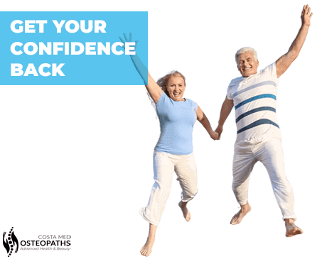 Senior couple jumping joyfully in the air, holding hands with text “Get Your Confidence Back”
