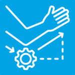 Biomechanics icon showing arm movement and mechanical gear for rehabilitation alignment