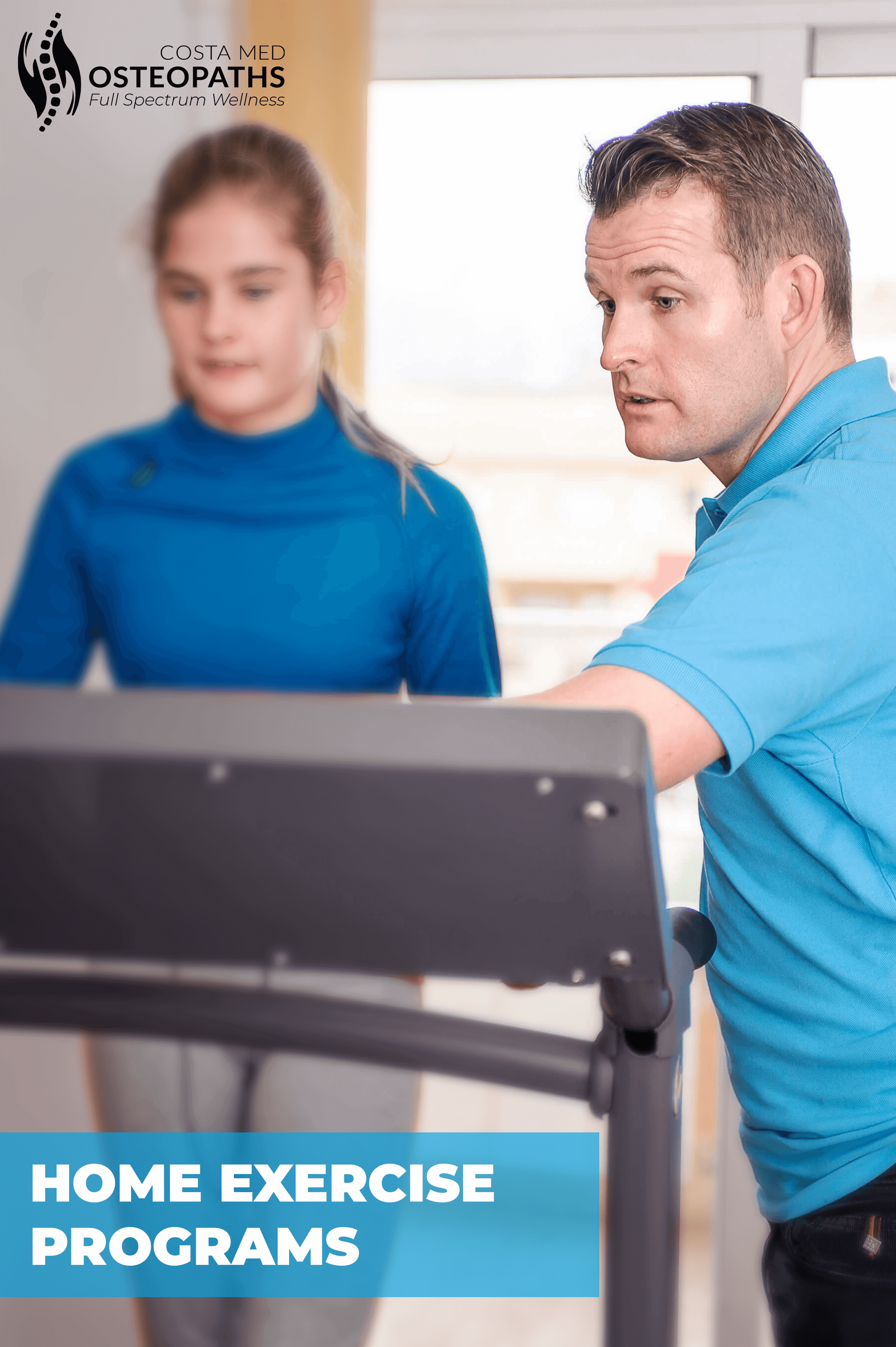 Osteopath Russell Dougall (BSc Hons) guiding a young patient on a treadmill