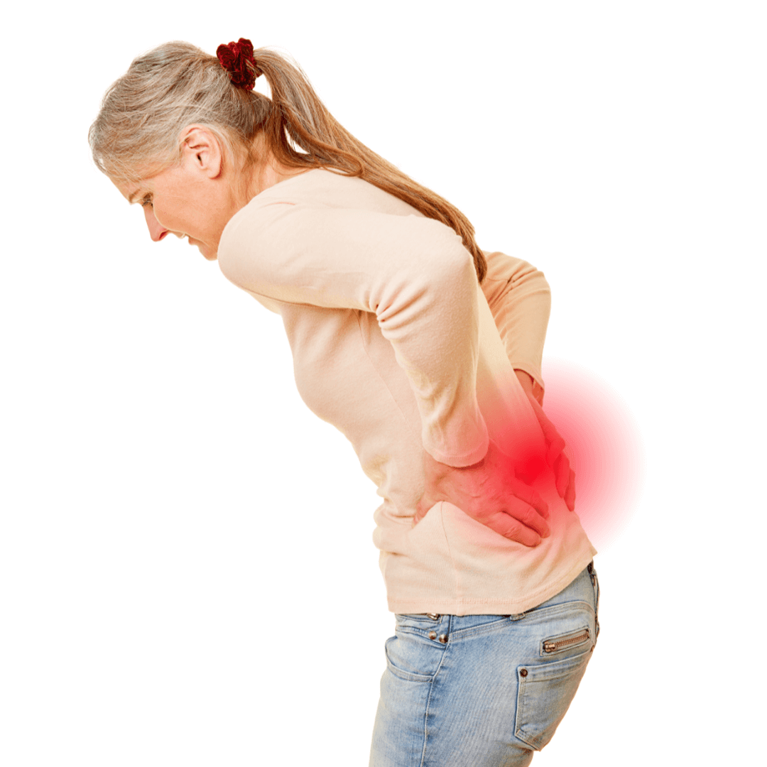 Older woman with lower back pain holding her waist, red glow highlighting discomfort.