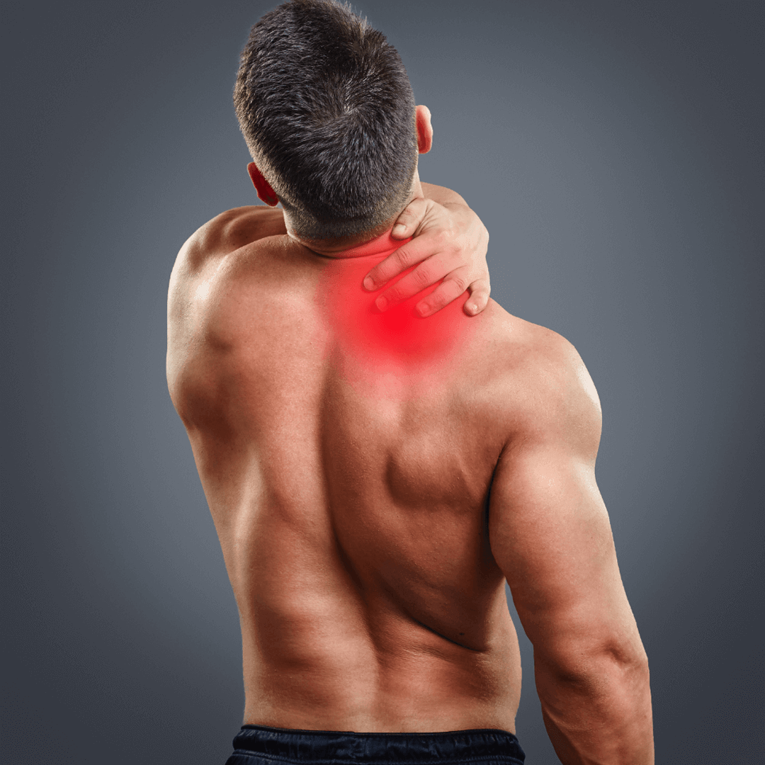 Man with muscular back holding neck in pain, red area showing tension or inflammation