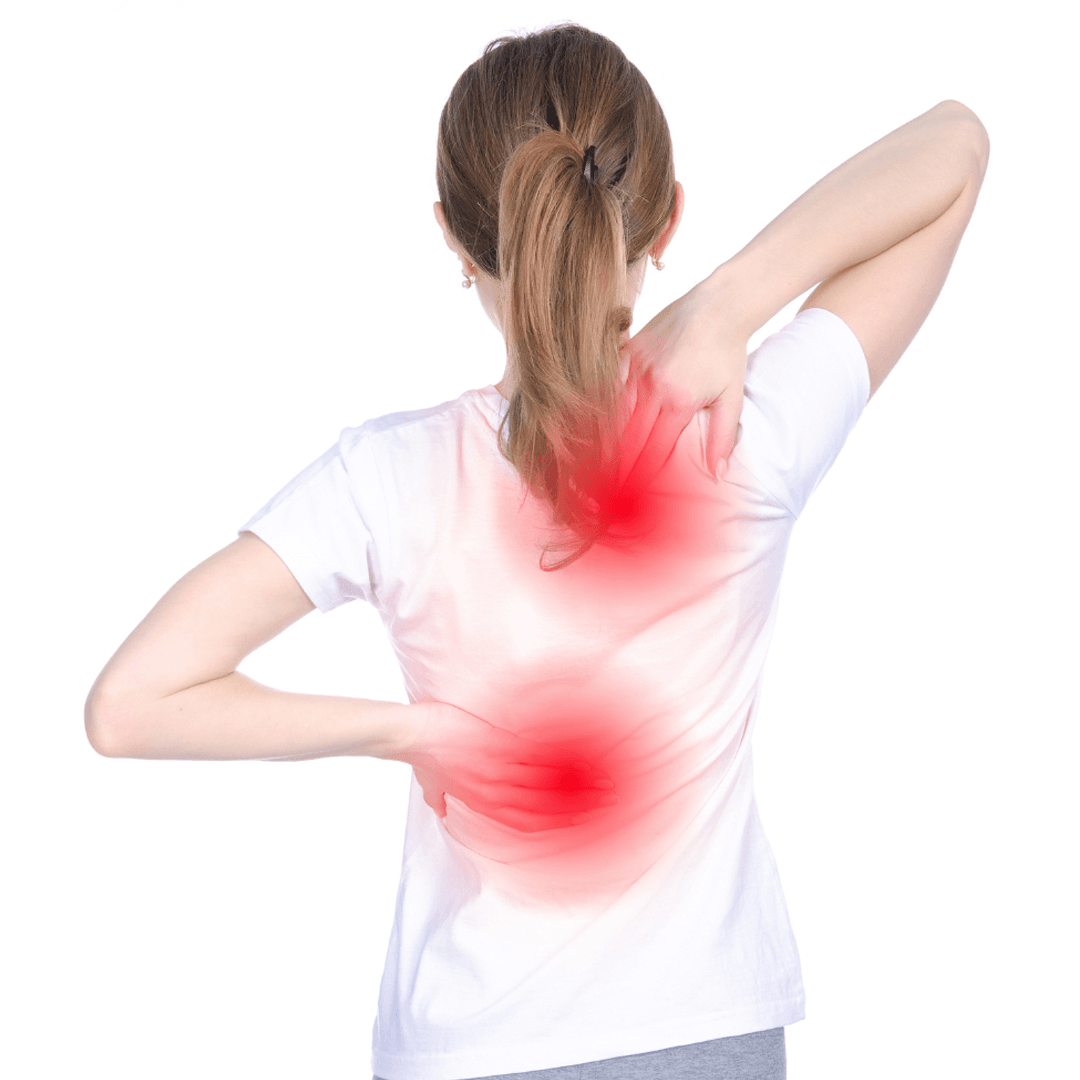 Girl holding upper and lower back in pain with red highlighted areas indicating discomfort.