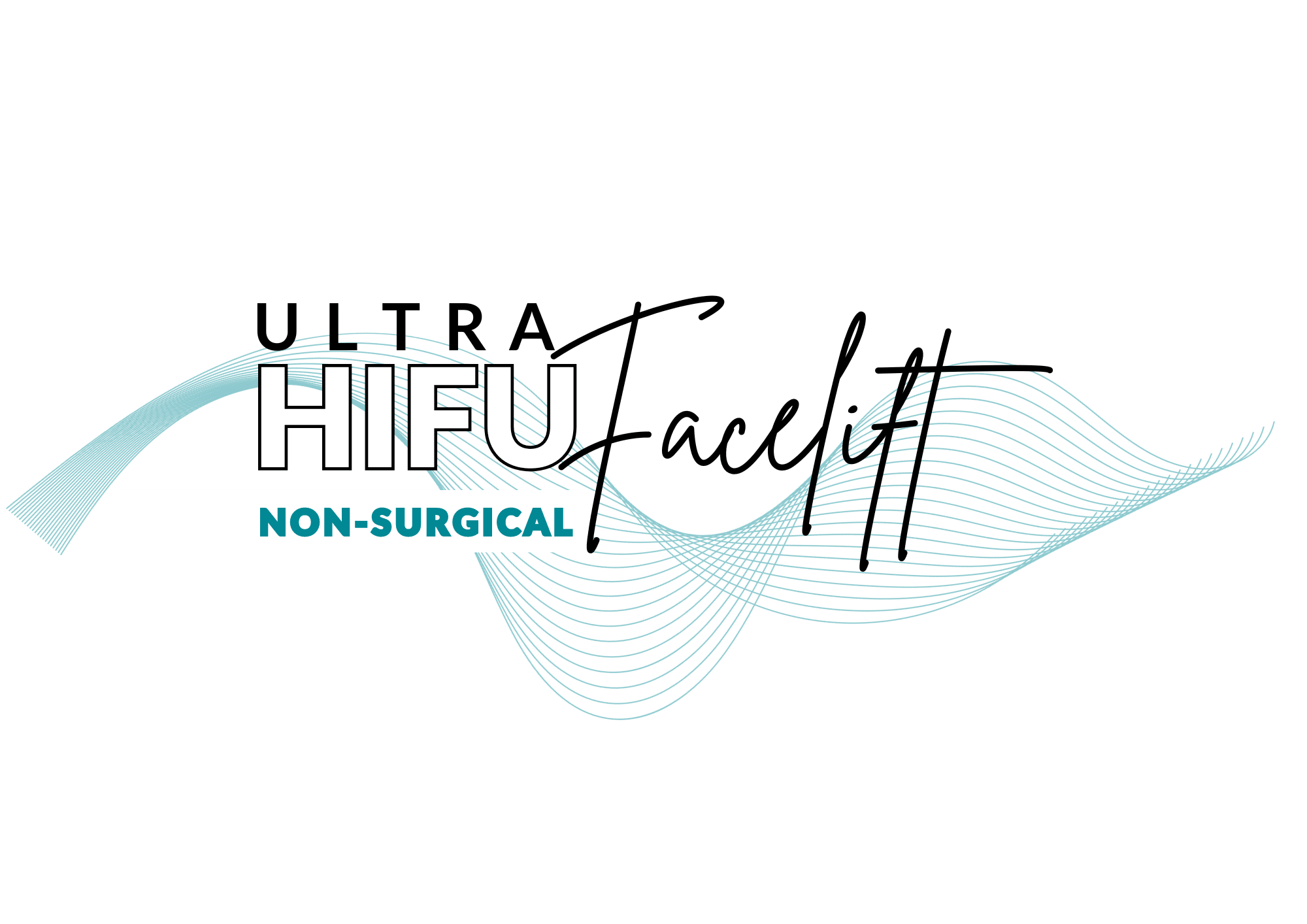 Stylized HIFU Non-Surgical logo with turquoise wave design on black background