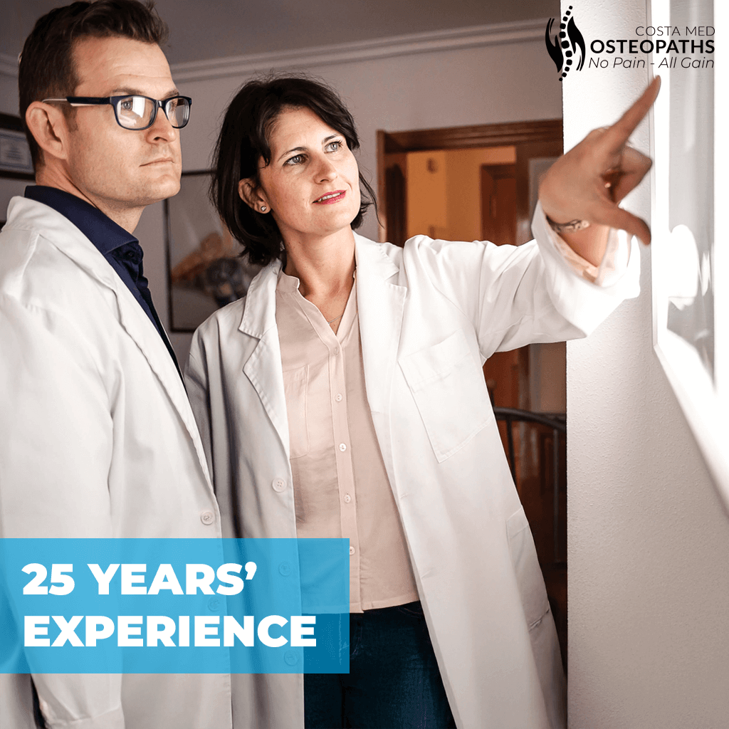 Osteopaths in white coats reviewing a scan together with the text “25 Years’ Experience.”