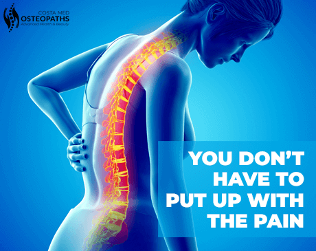 Ilustration of a woman holding her back in pain with words “You don’t have to put up with the pain.”