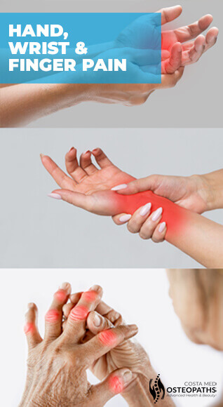 Collage of visible red pain zones in the hands, wrists and fingers indicating inflammation