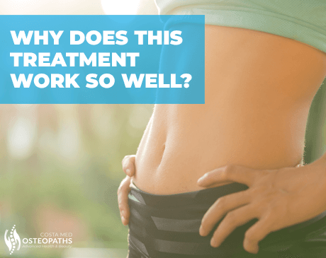 Close-up of a toned waist with text asking, “Why does this treatment work so well?”